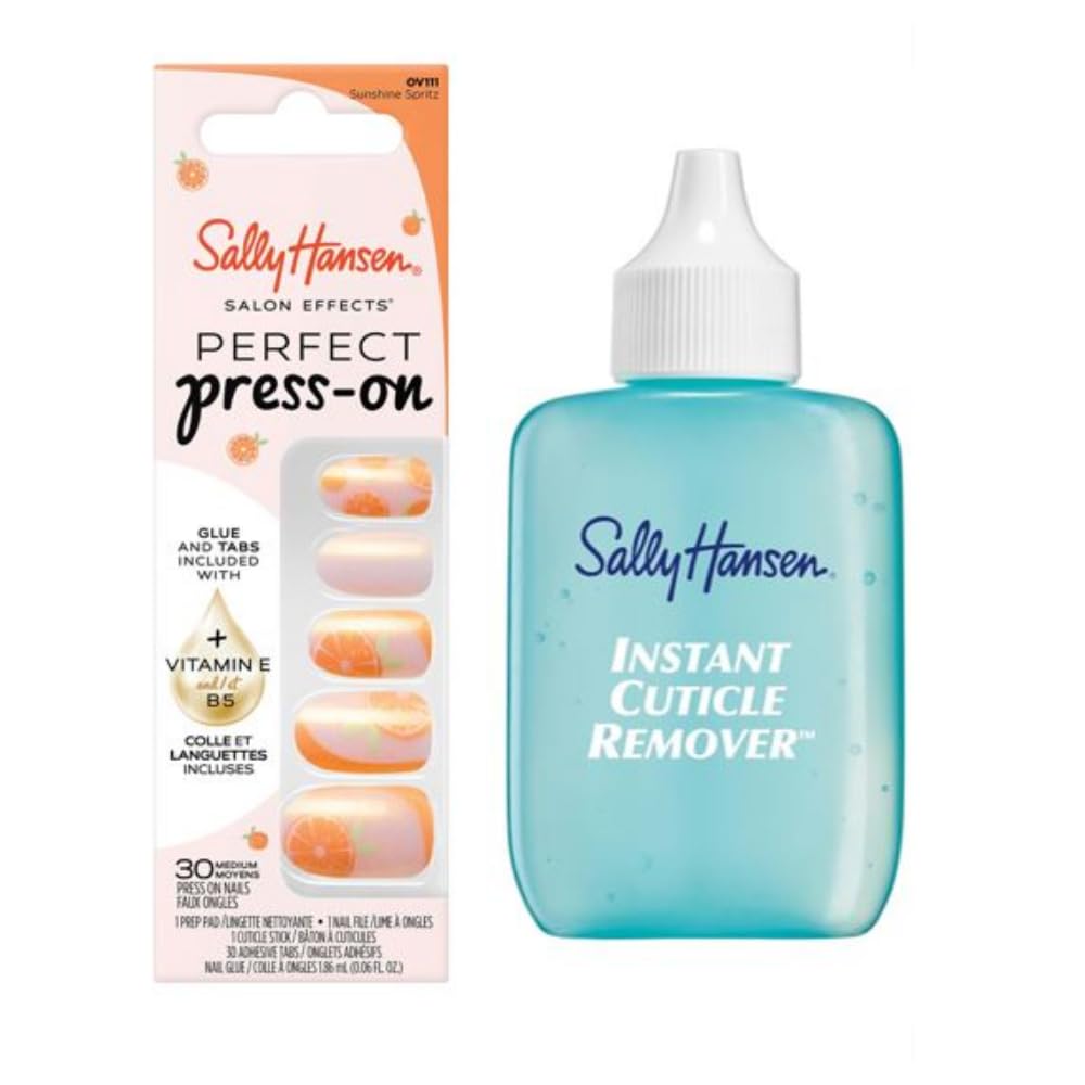 Sally Hansen Instant Cuticle Remover and Salon Effects Sunshine Spritz Press On Nails with Nail Glue and Adhesive Tabs