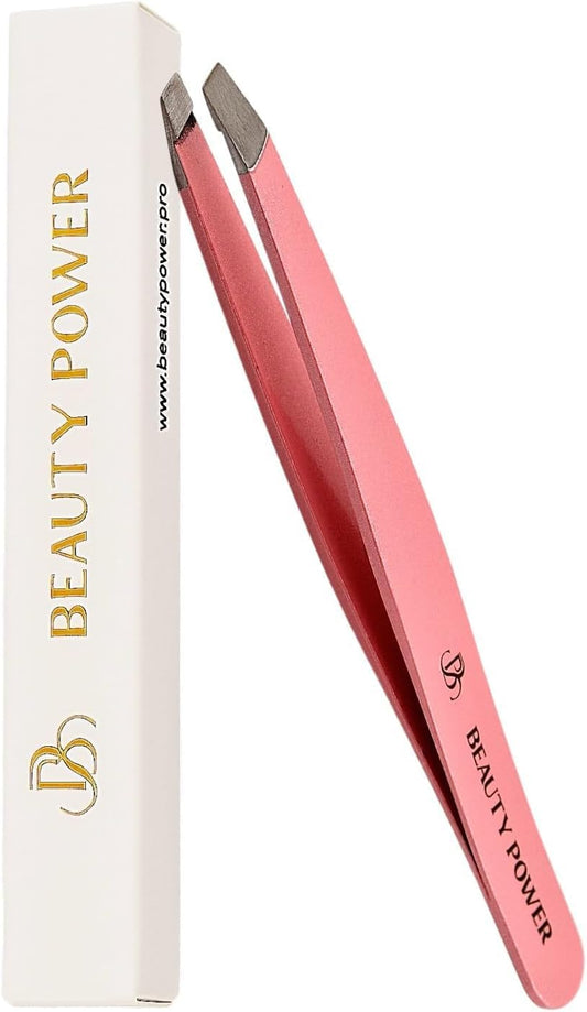 Slant Tip Precision Tweezers - Stainless Steel Eyebrow Tweezers for Women & Men - Precision Tweezers for Facial Hair, Ingrown Hair & Brow Shaping - Professional Beauty Tool (Pink)