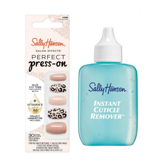 Sally Hansen Instant Cuticle Remover & Salon Effects Going Wild Press On Nails Kit - 15 Second Cuticle Gel with Aloe & 30 Nail Designs with Nail Glue