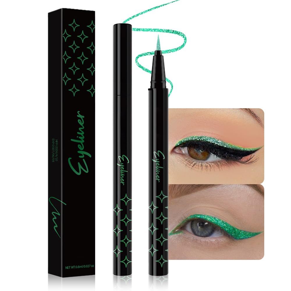 Green Metallic Glitter Liquid Eyeliner Pen – Long-Lasting Sparkly Waterproof Eyeliner for Women & Men – Tattoo-Effect Eye Makeup for Parties – Delineador Líquido con Brillo 06