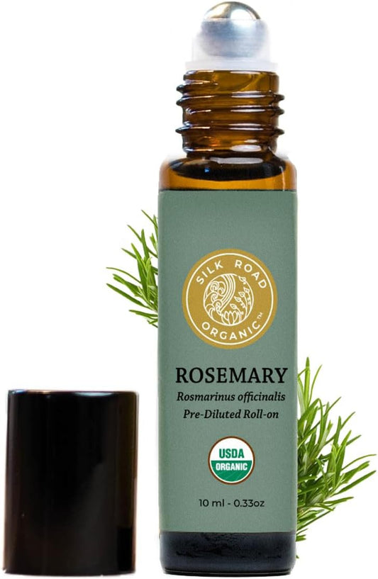 Silk Road Organic Rosemary Essential Oil & Jojoba Roll On, 100% Pure USDA Certified Aromatherapy to Improve Memory & Focus & Hair Health - 10 ml Roller