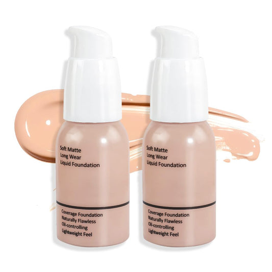 2Pcs Matte Liquid Full Coverage Foundation, Flawless Soft Matte 24HR Oil Control Full Coverage Foundation Makeup for Women, Long-Lasting Waterproof Full Coverage, 02# Warm Peach (02+02, Pack of 2)
