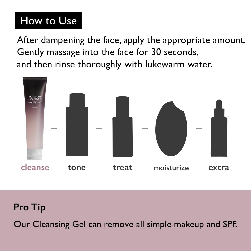 HARUHARU wonder Black Rice Triple AHA Gentle Cleansing Gel 3.38 fl oz, Hydrating Cleansing gel, Gentle exfoliating, Vegan, Travel essentials, Korean Skincare