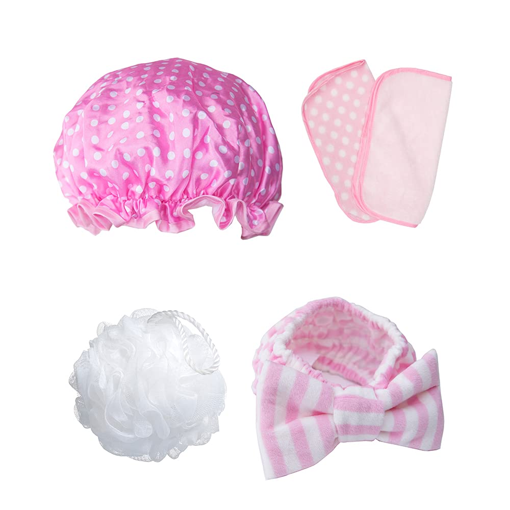 The Vintage Cosmetic Company Totally Pampered Kit, Collection Includes Make Up Headband Body Polisher Shower Cap and Make Up Removing Cloths, Relax and Pamper Gift Set, Pink Design