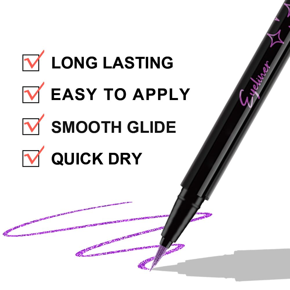 Violet Purple Metallic Glitter Liquid Eyeliner Pen – Long-Lasting Sparkly Waterproof Eyeliner for Women & Men – Tattoo-Effect Eye Makeup for Parties – Delineador Líquido con Brillo 05