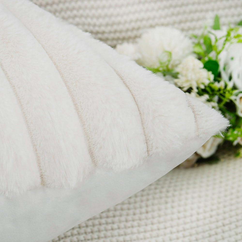 MADIZZ Set of 2 Faux Wool Plush Decorative Throw Pillow Covers 24x24 Inch Cream Fluffy Striped Soft Decorative Cushion Cover for Sofa Bedroom Pillow Shell