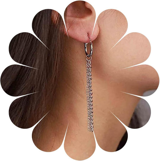 Vintage Layered Chain Dangle Earrings Long Chain Hoop Huggie Earrings Silver Curb Chain Stud Earrings Tassel Chain Drop Earrings Jewelry for Women