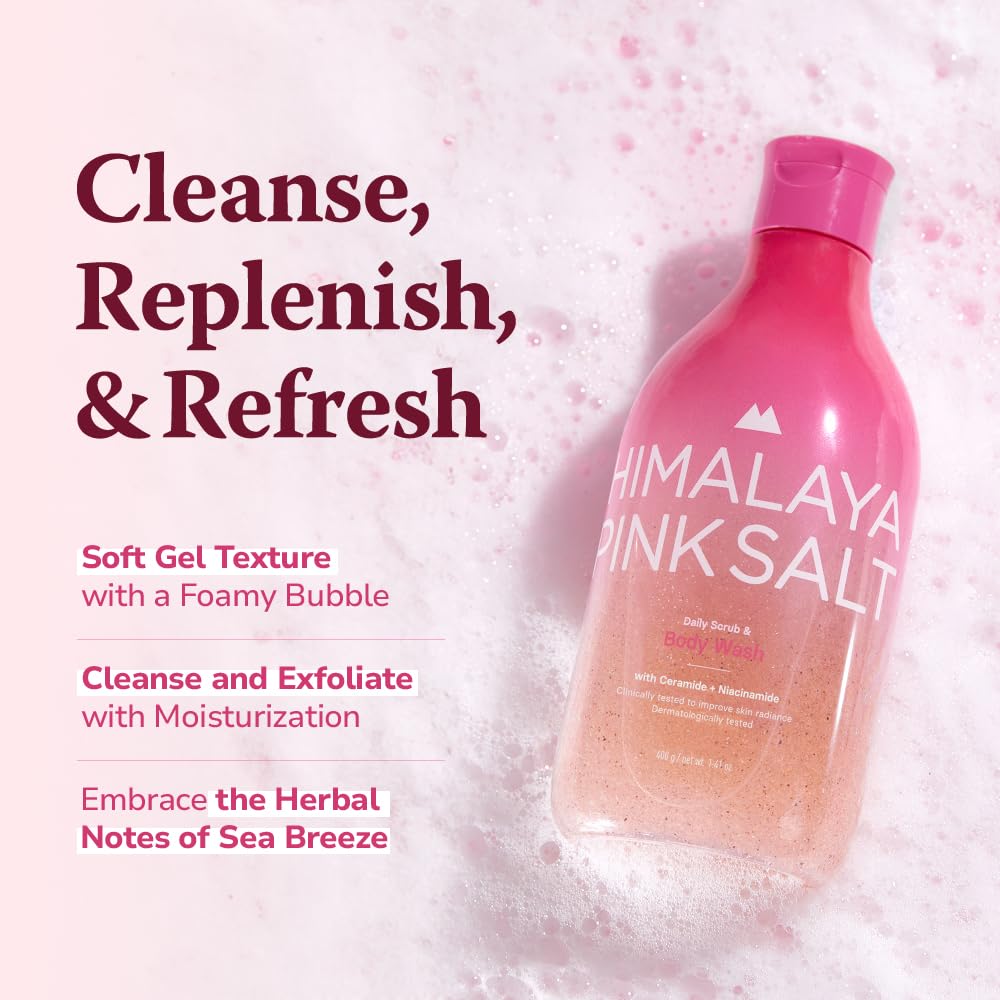 HIMALAYA PINKSALT Daily Scrub & Body Wash - Exfoliating Body Scrub, Dead Sea Salt & Himalayan Pink Salt, Natural Moisturizing Bodywash, Retinol & Hyaluronic Acid Shower Gel, Korean Skincare 14.1oz