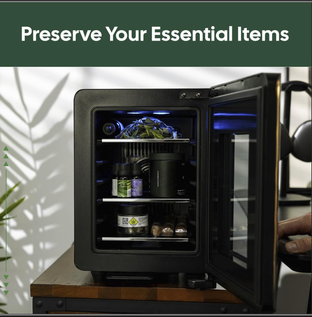 Essential Cooler Compact Portable Mini Fridge with Temp & Humidity Control, 3 USB Ports, Smoked Glass Shelves, Lockable UV Glass Door for Herbs, Oils, Cosmetics, and More