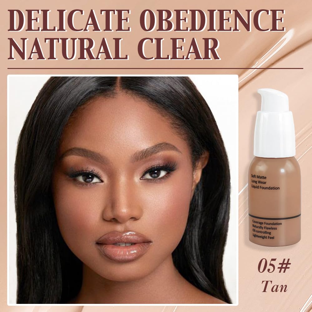2Pcs Matte Liquid Full Coverage Foundation, Flawless Soft Matte 24HR Oil Control Full Coverage Foundation Makeup for Women, Long-Lasting Waterproof Full Coverage, 05#Tan (05+05, Pack of 2)