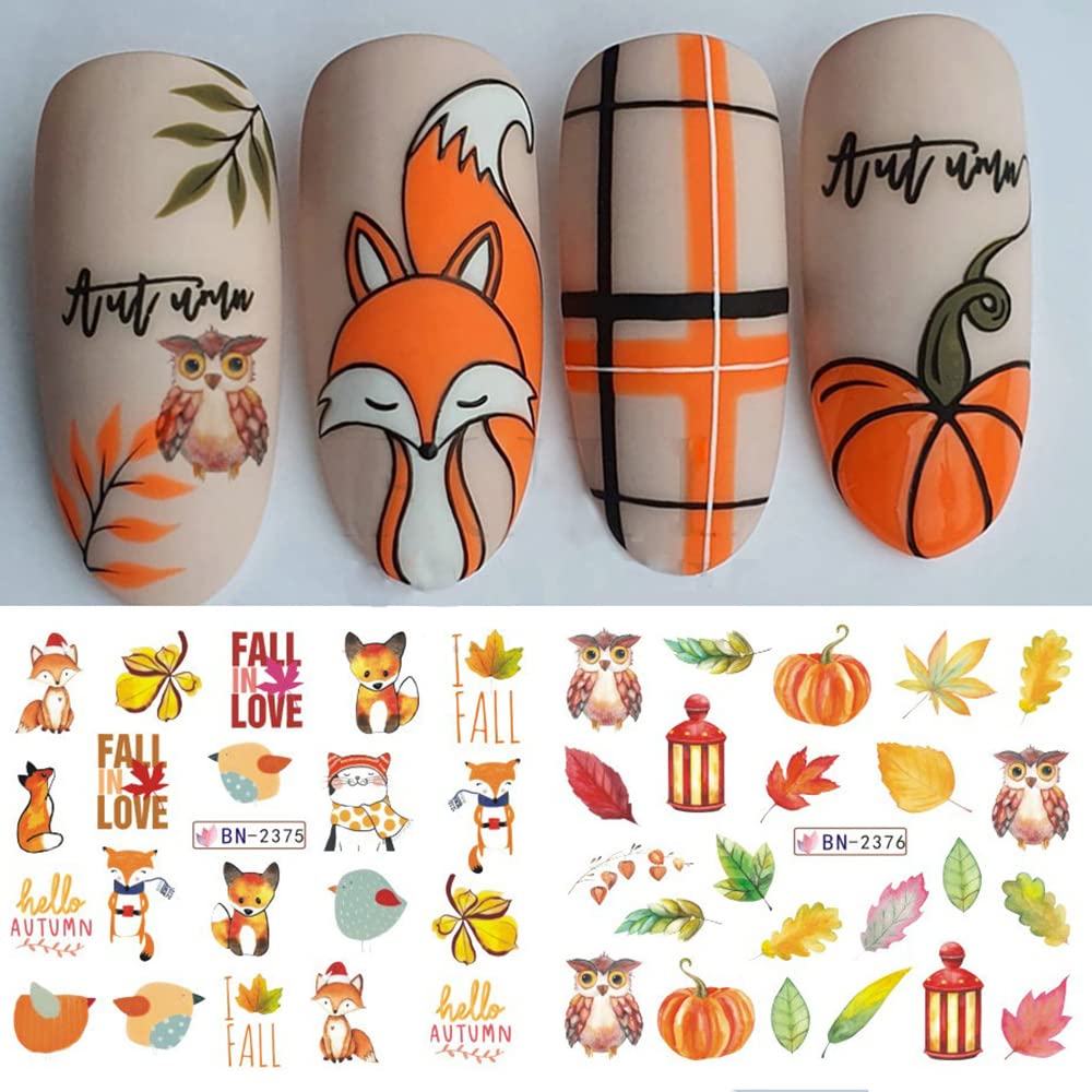 Maple Leaf Nail Art Stickers Fall Nails Water Transfer Slider Foils Autumn Nail Decorations, Harvest Pumpkin Pinecone Maple Leaves Pattern Acrylic Nail Sticker for Thanksgiving Nail Art Supplies 12Pcs
