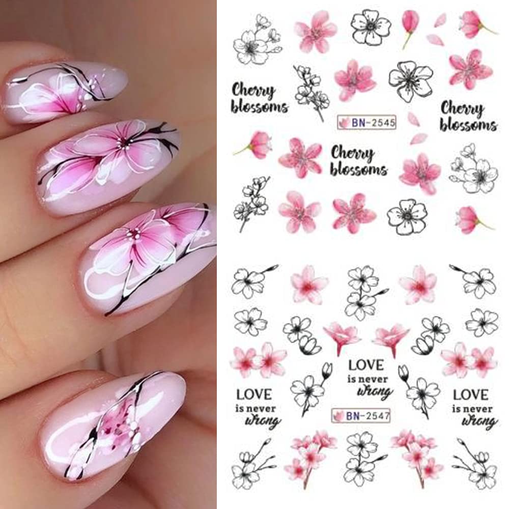 Cherry Blossom Nail Art Stickers - Pink Sakura Water Transfer Foils Decals, Spring Flower Supplies Wrap, Holographic Floral Pattern Acrylic Stickers for Women - 12 Sheets
