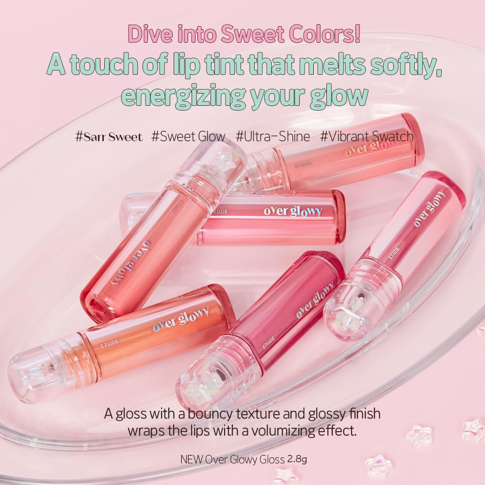 ETUDE Over Glowy Lip Gloss #1 Sweety Cream | Non-Sticky Vegan Lip Tint | Moisturized & Long-lasting Lip Gloss | Daily Tint for Dry Lips, Korean Makeup, K-beauty, Perfect for Gift