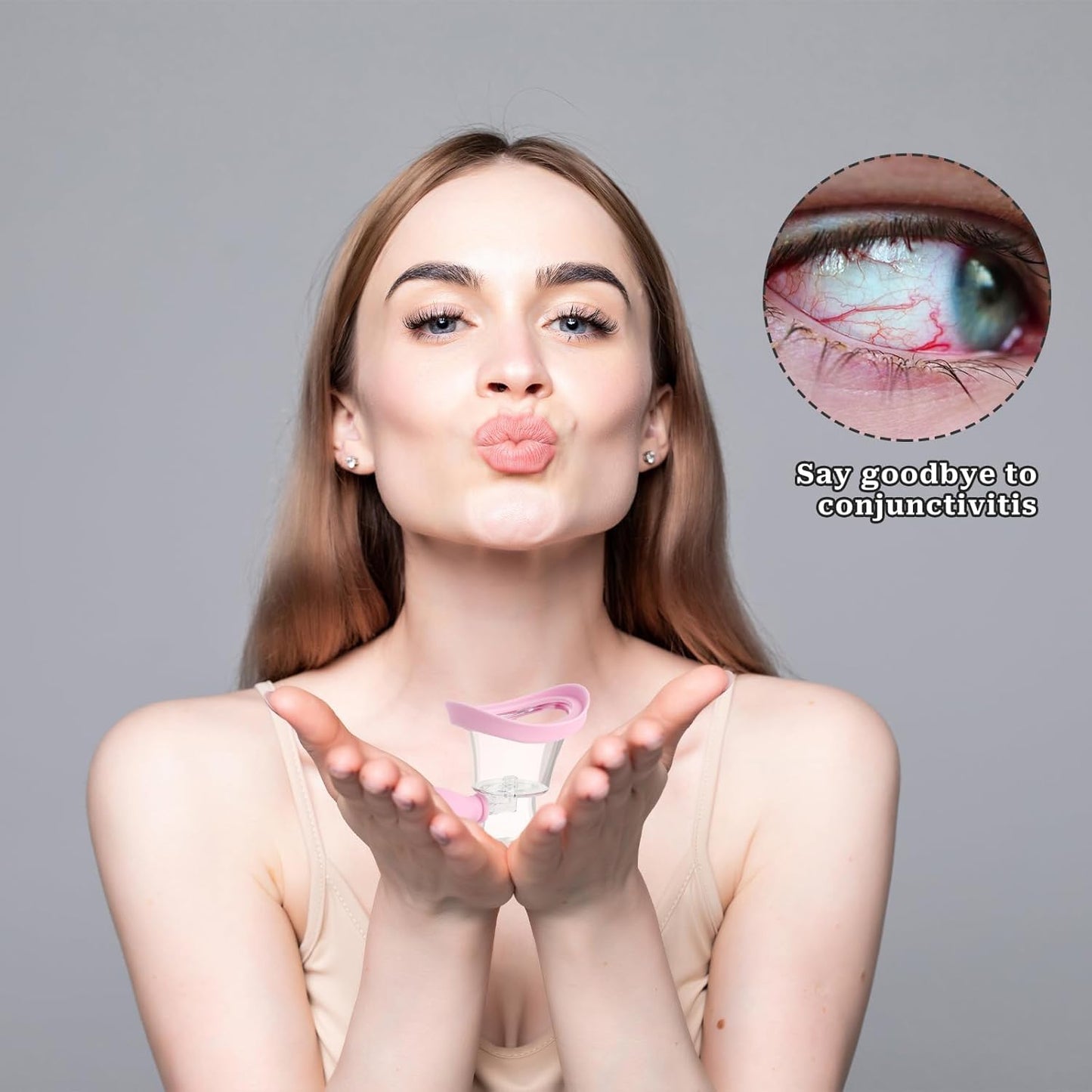 Eye Wash Kit, Transparent Eye Cups for Eye Wash Bath Kit Silicon Eyewash Kit Manual Air Pressure Eye Cleaning Cup Tool Effective Eye Flush Kit Portable Eye Care Device with Storage Container (Pink)