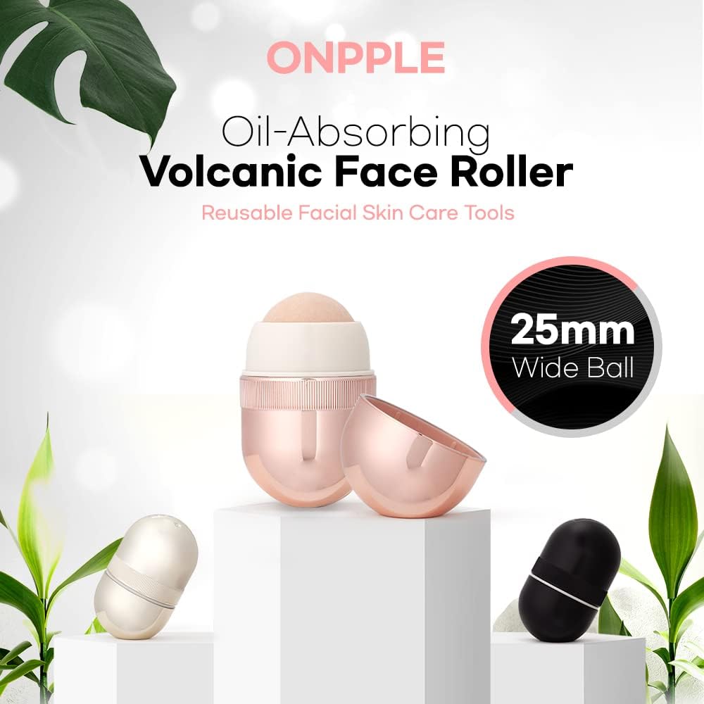 Korean Beauty Oil-Absorbing Volcanic Face Roller, Portable and Reusable Skincare Tool for Oily Skin, Shine Control, Oil Absorber tool for Face (Rose Gold)