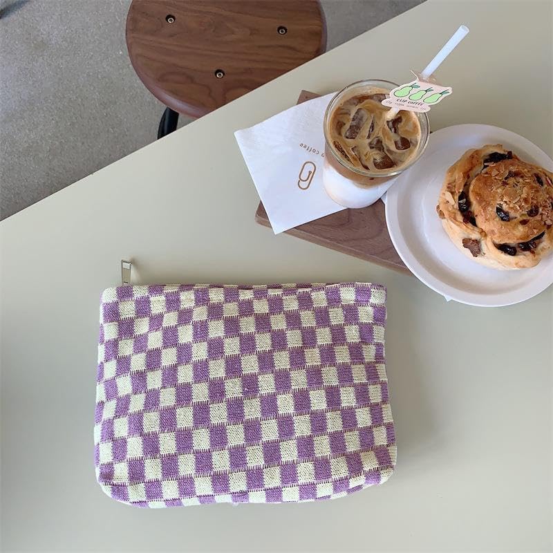 PAZIMIIK Knitted Checkered Makeup Bag Large Zipper Make Up Accessory Pouch for Purse Cosmetic Brush Bag for Travel Essential,Purple