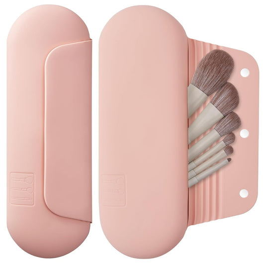 Silicone Makeup Brush Holder Travel Cosmetic Bag：Soft Portable Cosmetic Face Brushes Holder with Upgrade Anti-Fall Out Magnetic Closure, Large Travel Makeup Brush Case - Pink Sand