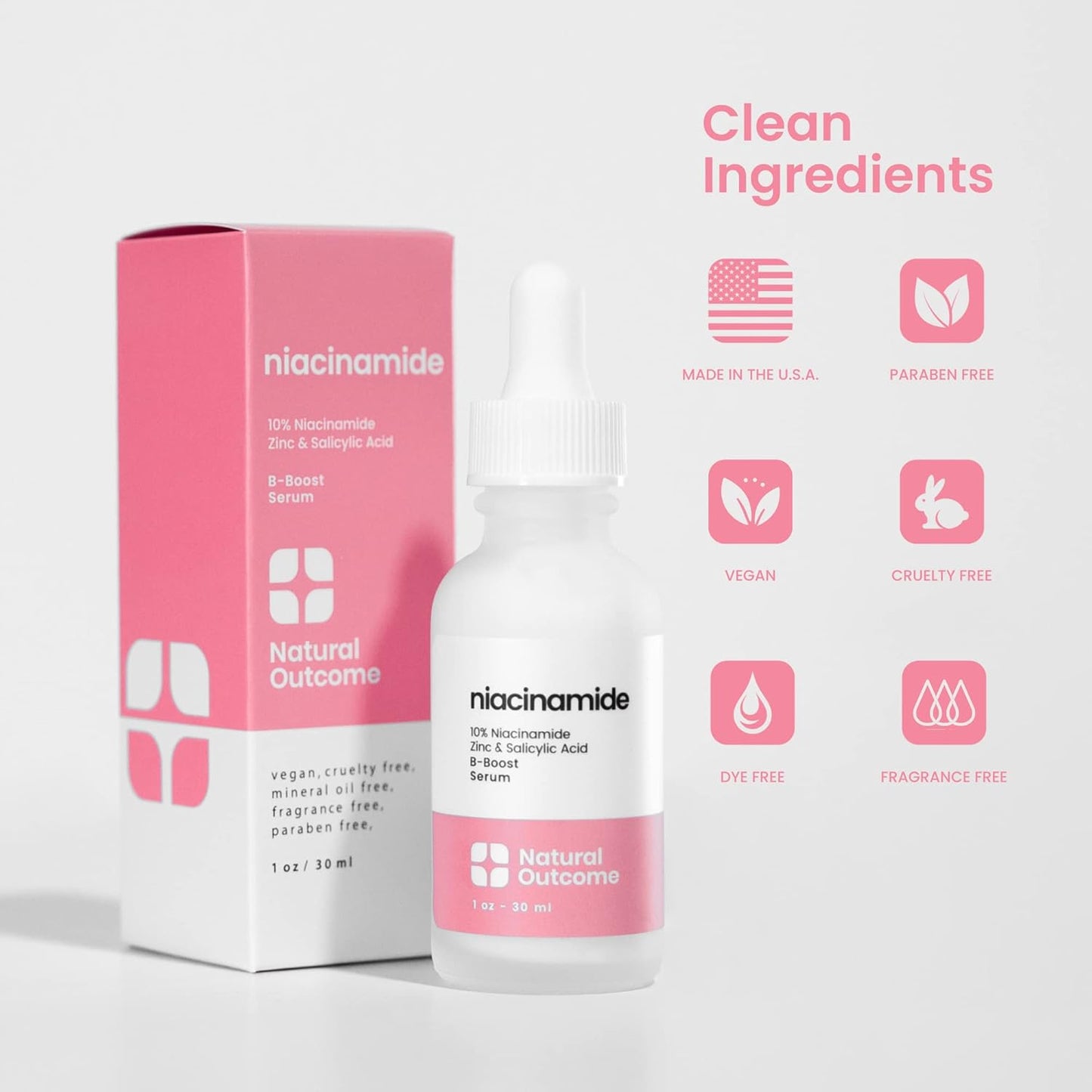Niacinamide Serum for Face by Natural Outcome Skin Care, B-Boost Niacinamide 10% Plus Zinc 2% Salicylic Acid + Hyaluronic Acid, Acne Treatment + Pore Reducing Serum + Skin Balancing
