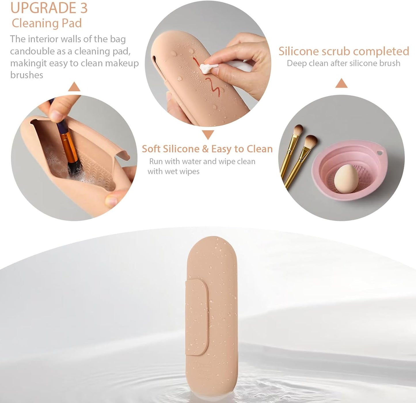 Silicone Makeup Brush Holder Set – Portable Travel Makeup Brush Holder with Makeup Sponge Holder and Foldable Cleaning Bowl – Upgraded 3-in-1 Cosmetic Organizer Set (khaki)
