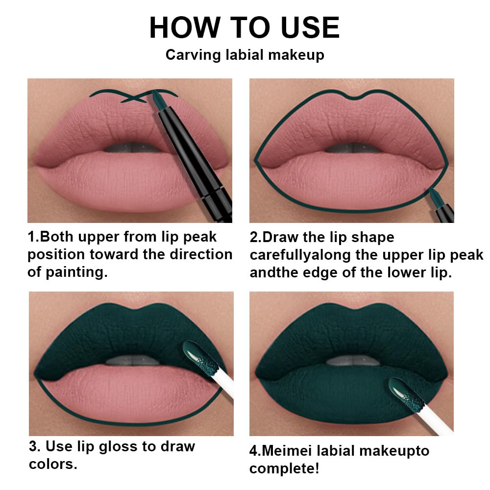 evpct 3Pcs Dark Black Green Purple Matte Lip Liner and Liquid Lipstick Lip Stain Sets for Women Long Lasting Waterproof, 24 Hours Goth Lipstick labiales matte mate larga duracion listip 24 hours, 19#