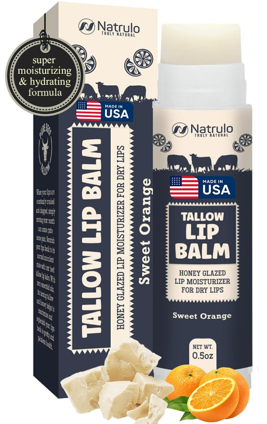 Beef Tallow Lip Balm – Natural Tallow Beeswax Chapstick – Hydrating Moisturizer Grass Fed Tallow Balm Lip Care – Soothes Chapped, Dry Lips, Sensitive Skin – Long Lasting Vitamin Rich USA-Made Orange
