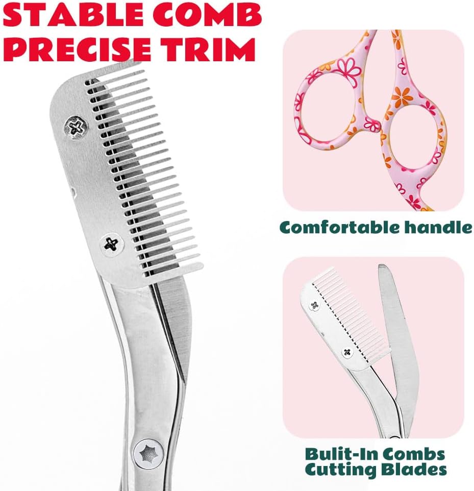 Eyebrow Trimmer with Comb Facial Grooming Scissors Kit Professional Precision Eye brow Trimmer Stainless Steel Eyebrow Trimmers Scissors with Combs Perfect for Gifts for Men and Women (Pink)
