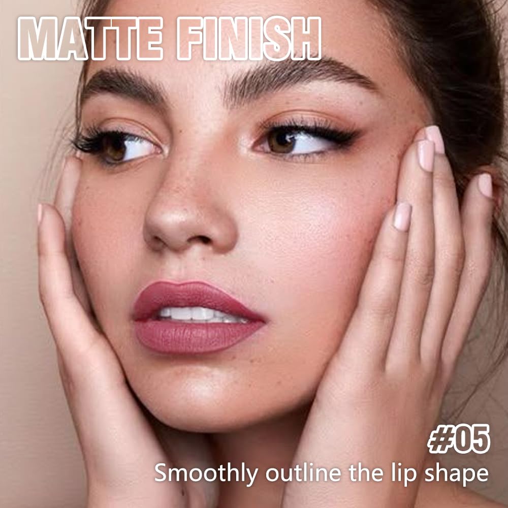 Matte Lipstick Crayon Set for Women, Mauve 24 Hour Lipstick Lip Liner Pencil, Neutral Lip Stick Lipliner Long Lasting Waterproof Smudge Proof, Vegan & Cruelty-Free, 05