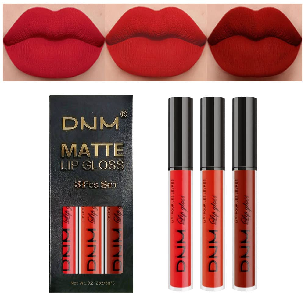 evpct 3Pcs Dark Ruby Fire Red Matte Liquid Lipstick Lip Stain Lipgloss sets for Women 24 Hour Red Matte Lipstick Long Lasting Smudge Proof