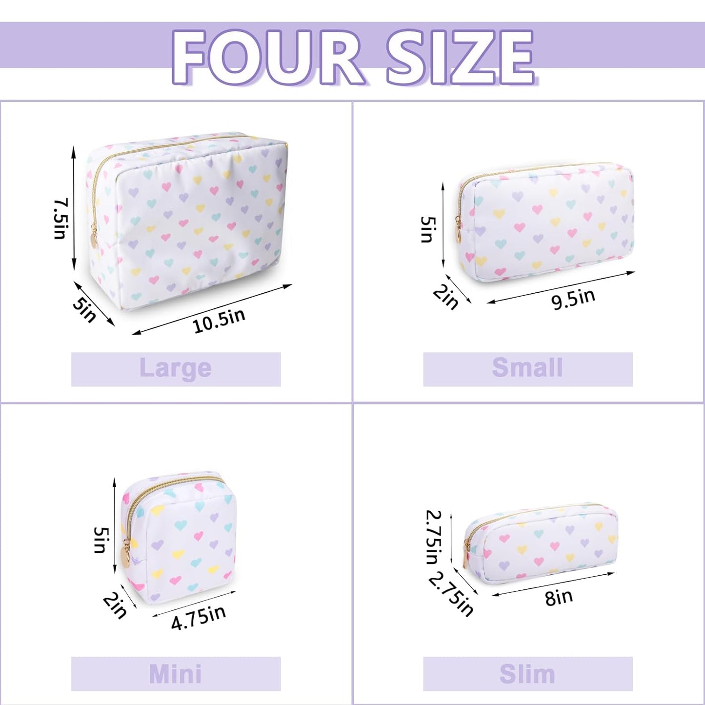 Mini Makeup Pouch for Purse, Nylon Travel Toiletry Organizers Small Cosmetic Bag for Women Girl, Checkered Cute Zipper Coin Purse Preppy Storage Bag for School Work(Mini-White Heart)