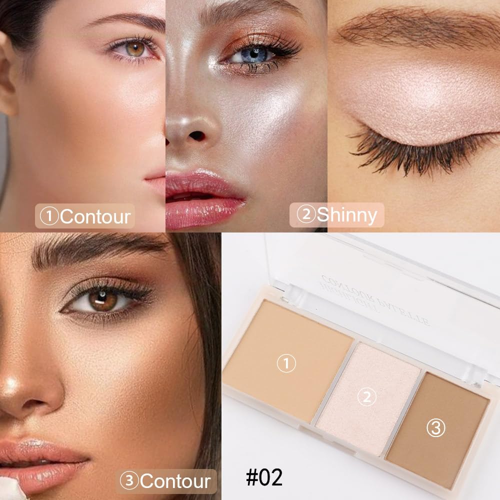 3 IN 1 Brown Nude Face Highlight Bronzer Powder Palette for Face Cheeks Contour Brightening, Buildable Matte Coverage Natural Makeup,Ultra Sculpt Nose Shadow Eyeshadow Primer 02#
