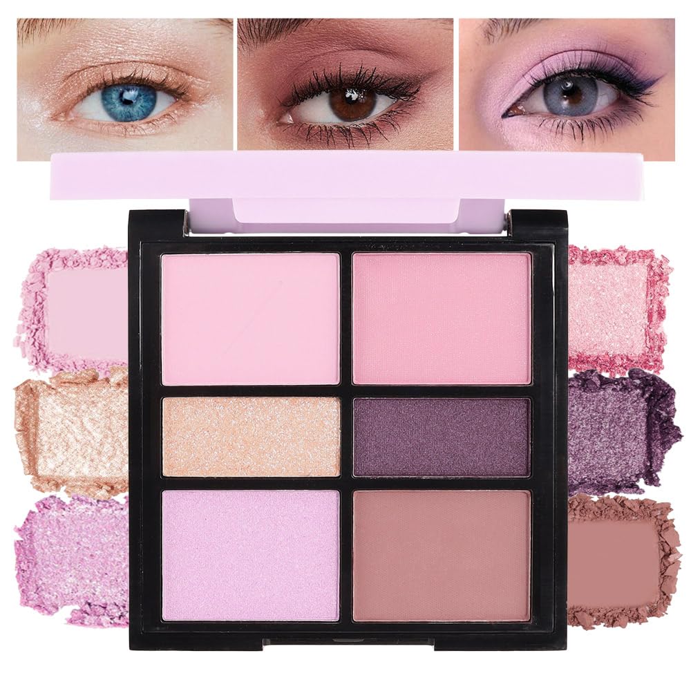 6-Color Pink Champange Purple Matte & Shimmer Eyeshadow Palette with Mirror – Highly Pigmented, Long-Lasting Eye Makeup for Artists & Creative Looks (03#)