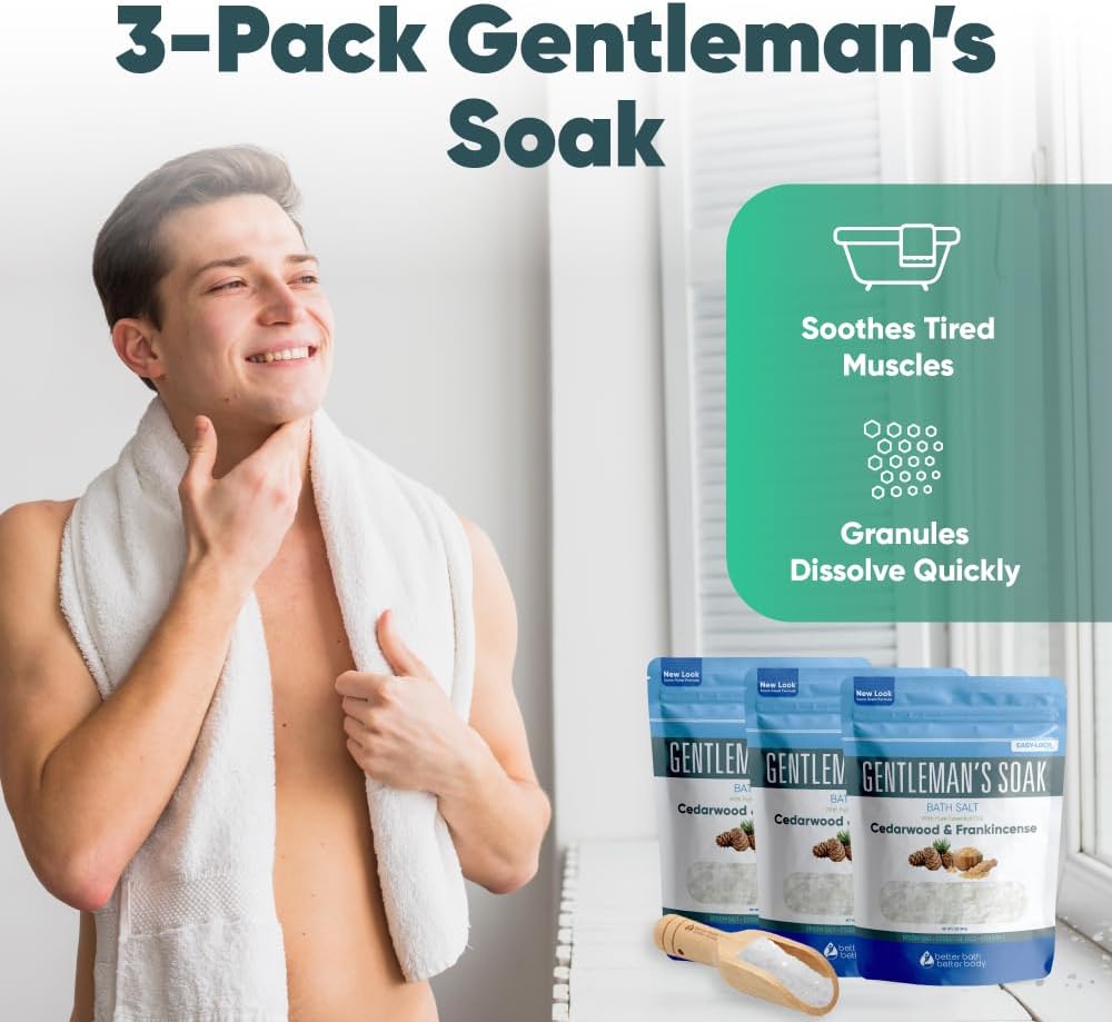 Gentleman's Bath Salt (3-Pack Plus Scoop) Bath for Men with Pure Essential Oils in BPA Free Pouch with Press-Lock Seal Made in USA 3-Pack of 2-lbs, 6-lbs Total