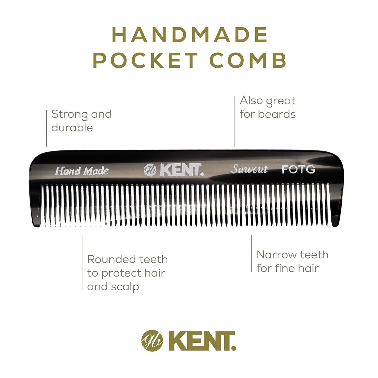 Kent FOT Black Graphite Fine Tooth Comb for Men - Handmade Pocket Comb for Travel, Styling, Fine or Thinning Hair, Mustache and Beard Care Handpolished Saw-Cut Made in England