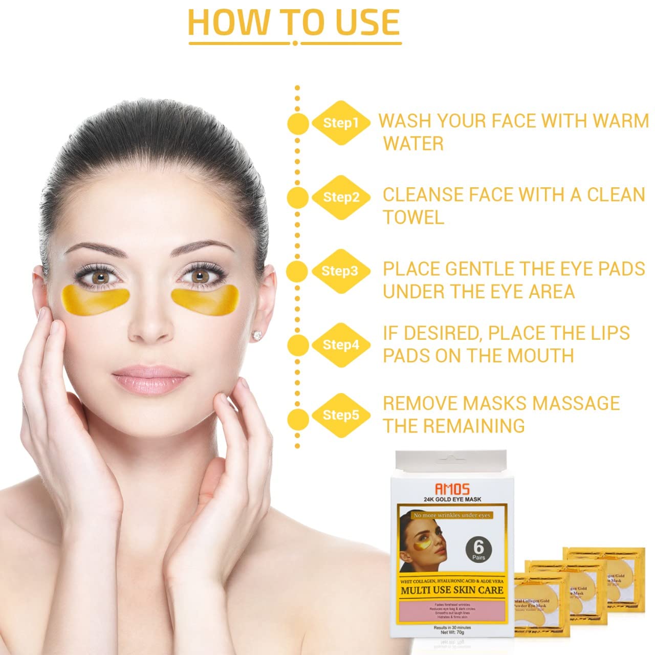 24K Gold Eye Masks for Dark Circles and Puffiness (6 Pairs) with Collagen, Aloe Vera & Hyaluronic Acid-Anti-Aging Under Eye Patches for Dark Circles and Puffiness-Reduce Wrinkles