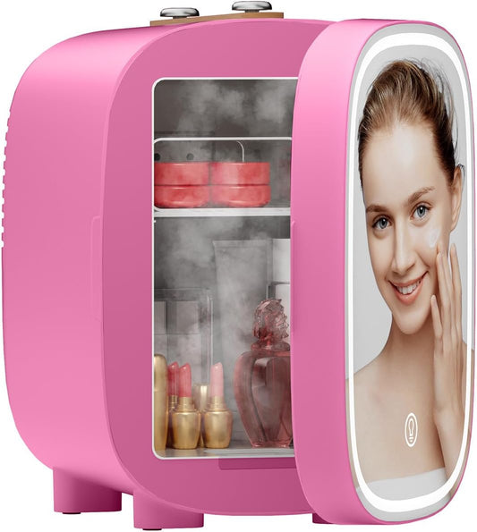 DF01A Skincare Fridge, Mini Fridge for Skincare with 3-Level Dimmable LED Light Mirror, Low Noise 4L Makeup, Cooler & Warmer, Portable Design for Multiple Uses - Bedroom, Office, and Car