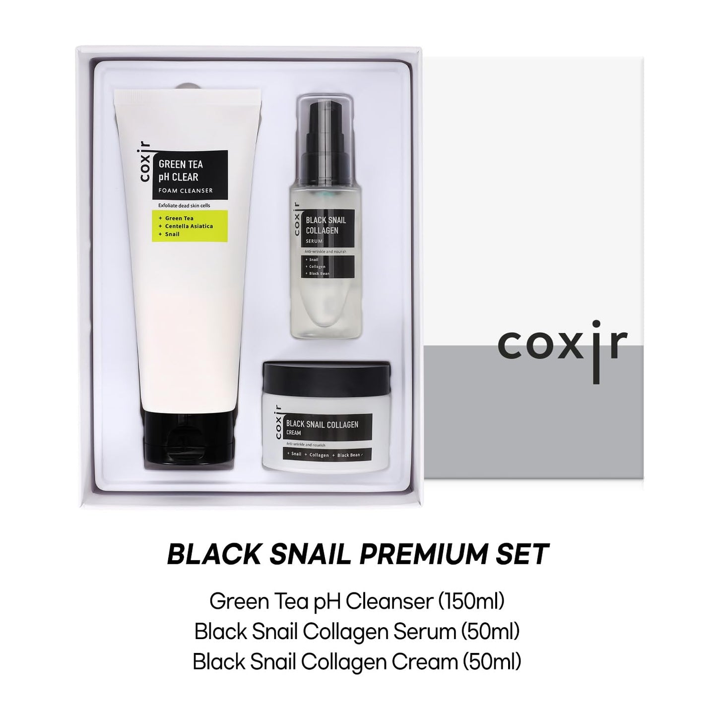 coxir BLACK SNAIL GIFT SET /Gift Set Birthday present /Foam Cleanser+Serum+Cream/Black Rice, Bean, Sesame, Snail Mucin, Collagen, Peptide l Repairing&Firming l Korean Skin Care