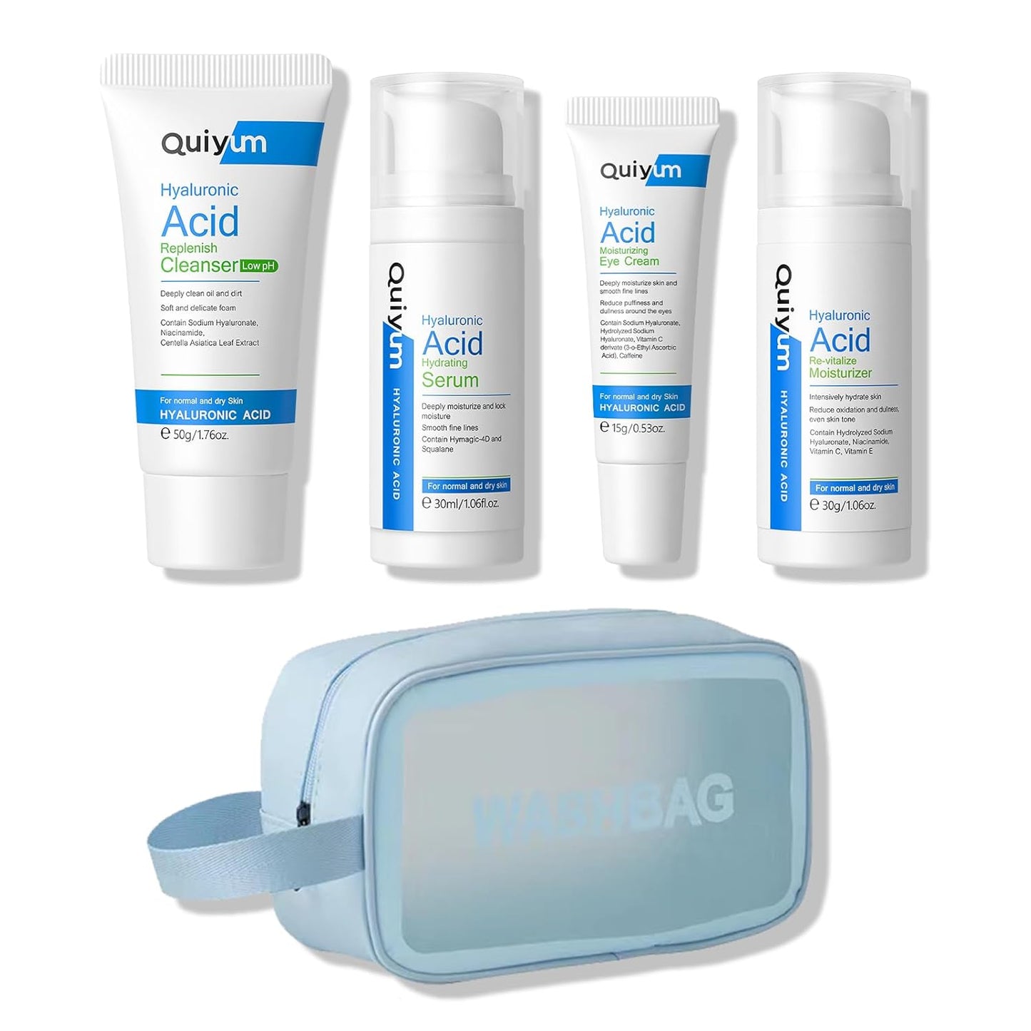 Skin Care Set, Hyaluronic Acid Travel Size Skincare Set W/ Low pH Cleanser, Moisturizer, Serum, Eye Cream, Toiletry Bag, Face Care Set Gift for Women Girls, Hydrating Anti Aging for Dry Skin