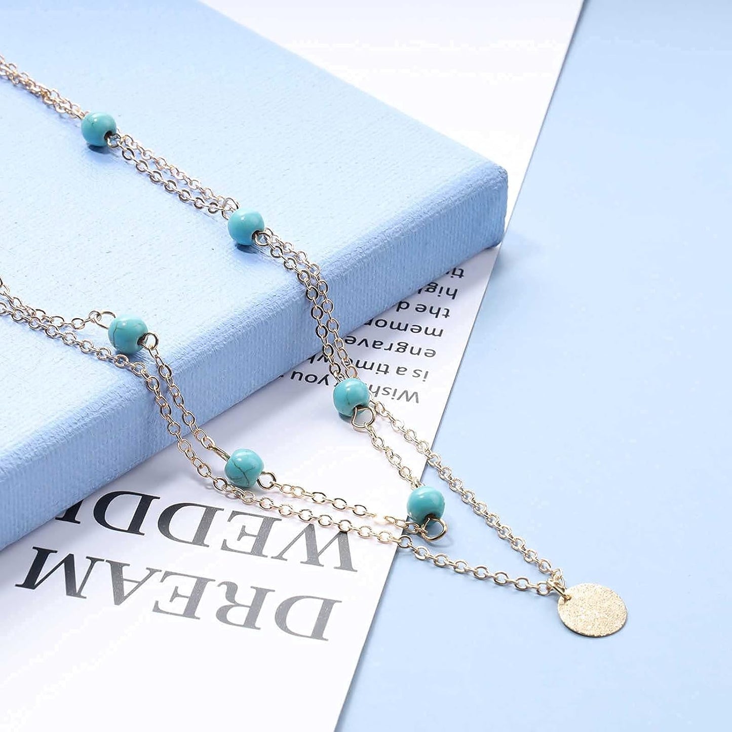 Boho Layered Coin Turquoise Necklace Gold Hammered Coin Disc Pendant Necklace Vintage Necklace Chain Jewelry for Women