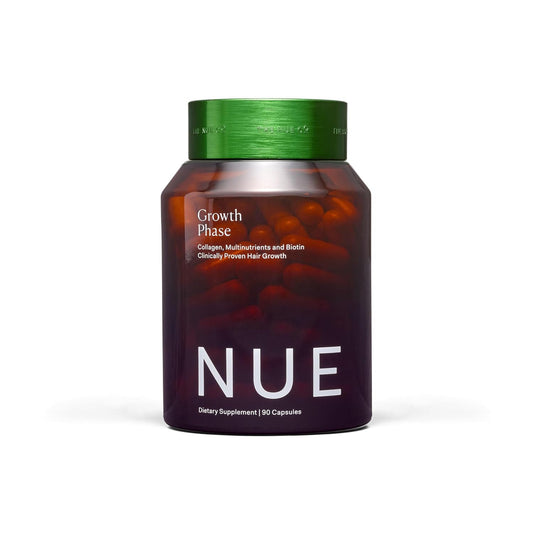 The Nue Co. GROWTH Phase Supplement, Supports Hair Growth, Reduces Breakage, Thicker & Fuller Hair, Contains Vitamins, Reishsi Mushrooms, Proteins & Adaptogens, Vegan, Gluten Free, 90 Capsules