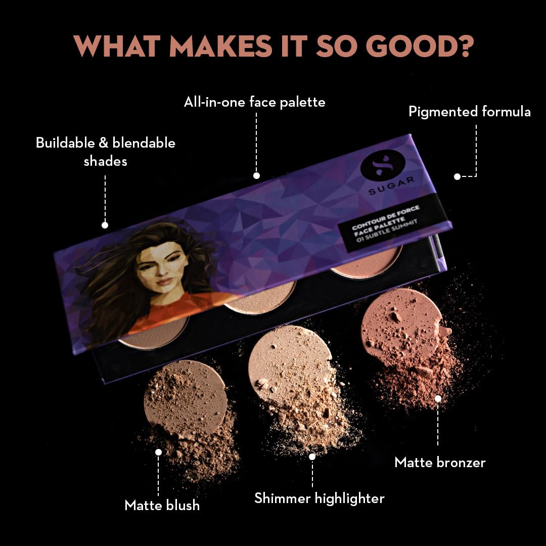 SUGAR Cosmetics Contour De Force Face Palette - 02 Vivid Victory Longlasting Formula, Lightweight Blush, Highlighter And Bronzer, Paraben Free.