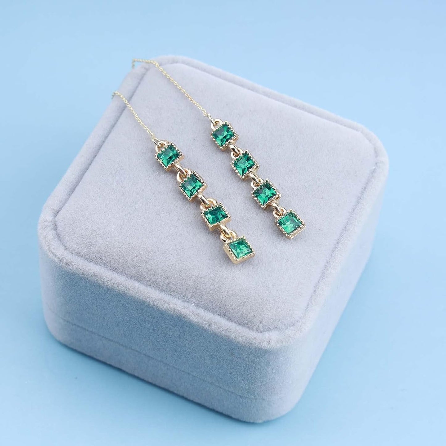 Vintage Emerald Crystal Threader Earrings Green Gem Drop Earrings Emerald Cz Square Earrings Gold Long Emerald Chain Earrings Jewelry for Women
