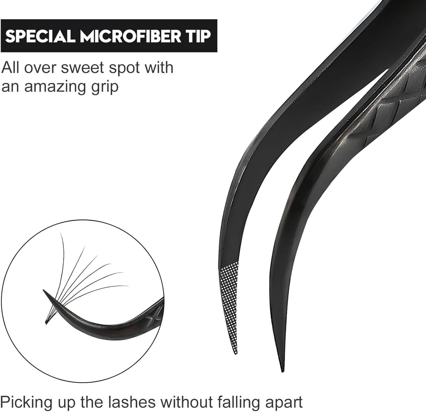 Ms.Queen Eyelash Tweezers For Extensions, Precision Diamond Grip Curved Lash Tweezers Fiber Tip,Black