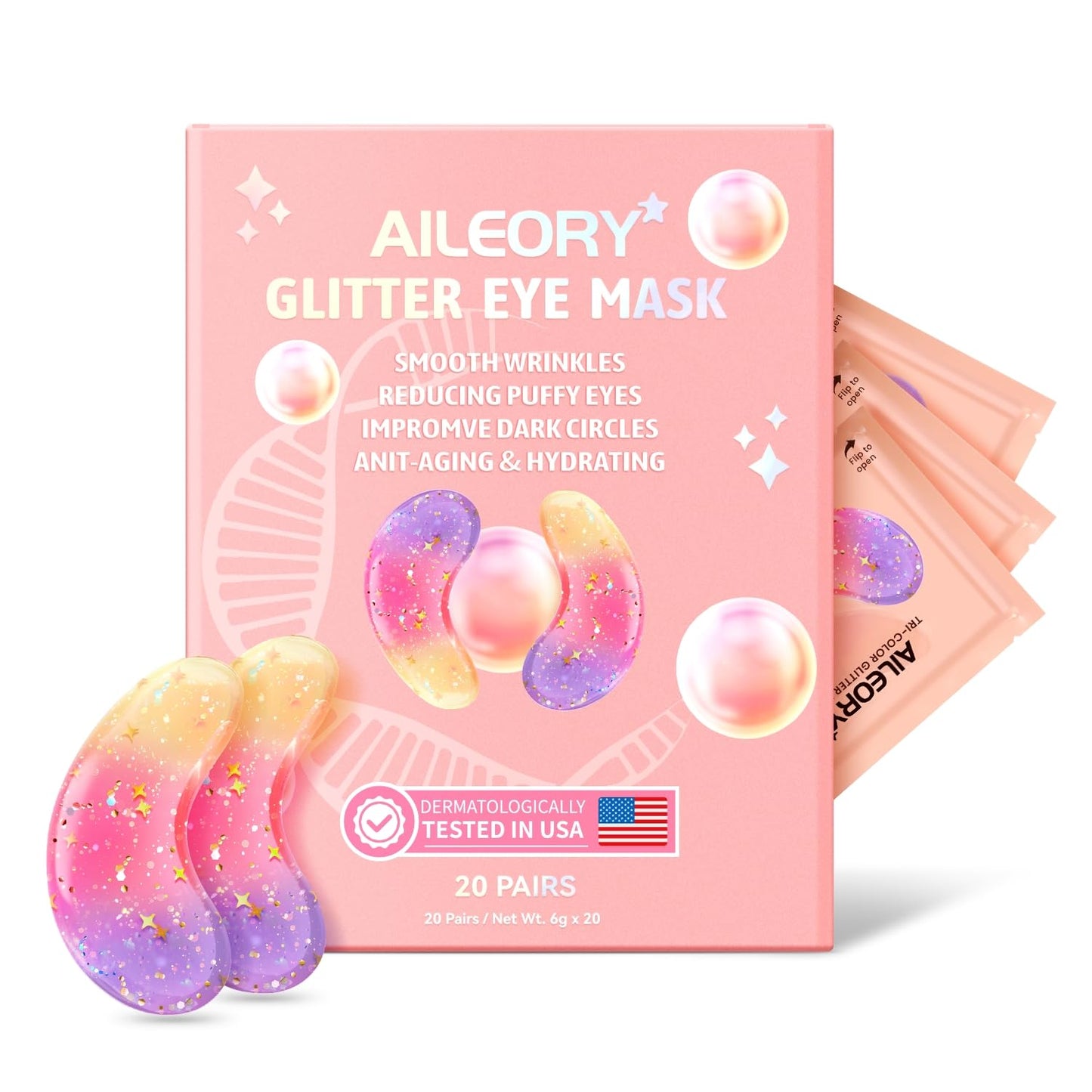 Under Eye Patches (20 Pairs)-New Tri-color Glitter Eye Gel Pads for Dark Circles Puffy Eyes,Under eye Bags,Wrinkles|Natural Collagen Under Eye Mask Patches for Women Teen