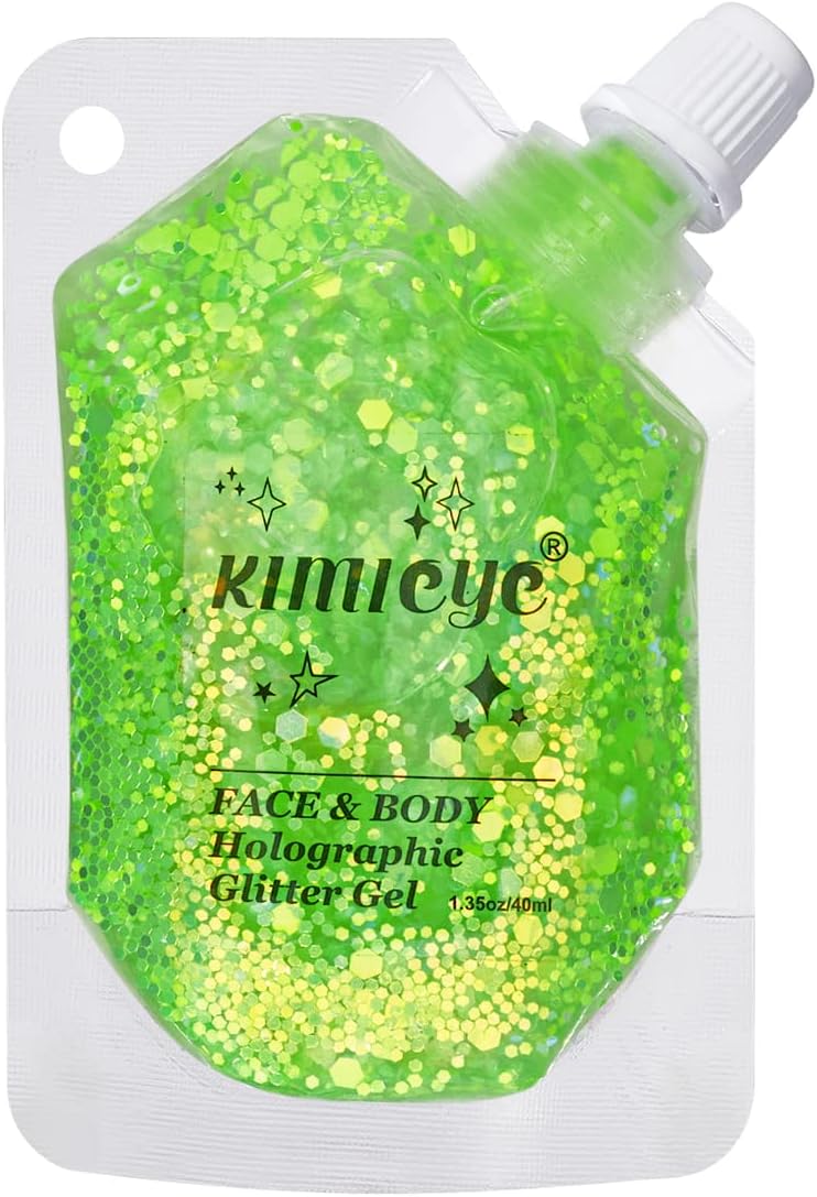 Holographic Face Glitter Gel Body Shimmer Makeup for for Hair, Face, Clavicle, Arm, Nail, Eyeshadow, Long Lasting Waterproof Mermaid Sequins Party Glitter for Rave Festival, 1.35oz (Luminous Green)