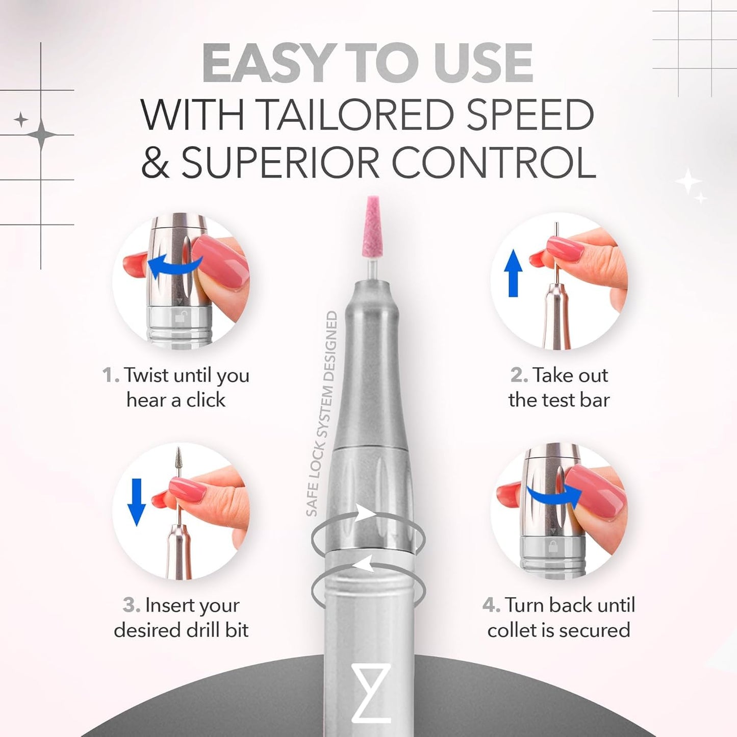 M Mase- Professional Nail Drill Machine - Coreless 2-in-1 Nail File - Electric, Cordless, 35000 RPM, HD Display - Electric Nail Drill for Professional & Home Use (Metallic Gold)