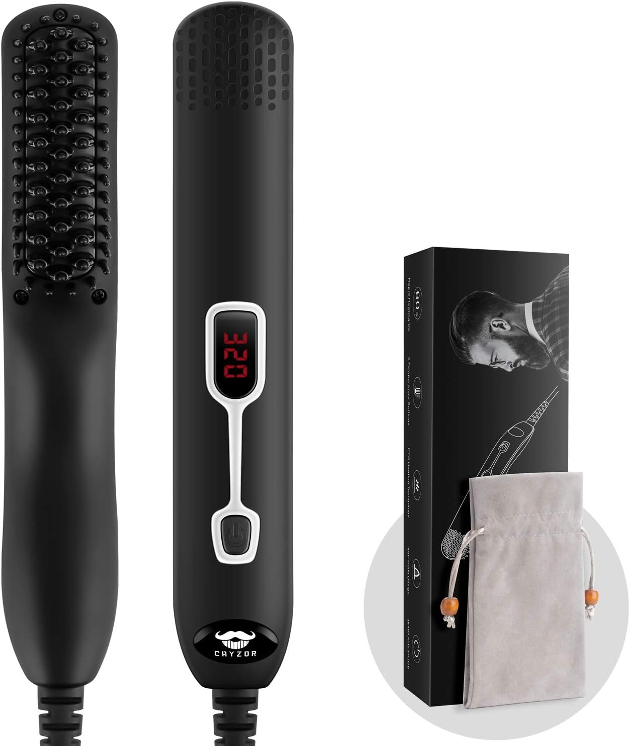 Beard Straightener Comb for Men - Upgraded Professional Electric Mens Beard Straightening Heated Brush Portable Anti-Scald 5 Adjustable Temperatures & LCD Display with Carrying Bag