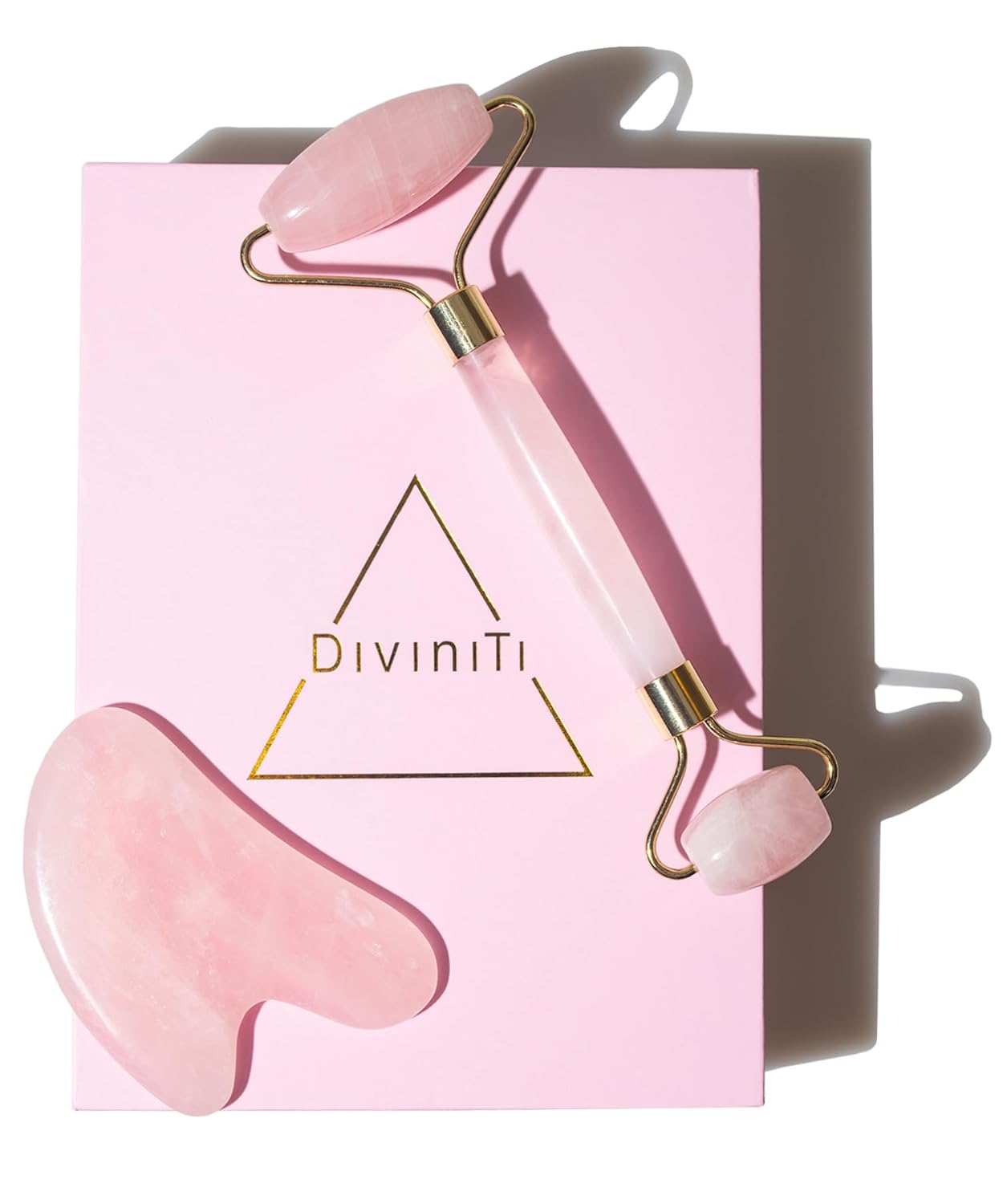 Rose Quartz Face Roller and Gua Sha Set - Face Roller Skin Care - Jade Roller and Gua Sha and Jade Roller for Face Rollers for Women Gifts - Rose Quartz Roller for Face Massage Roller DiviniTi