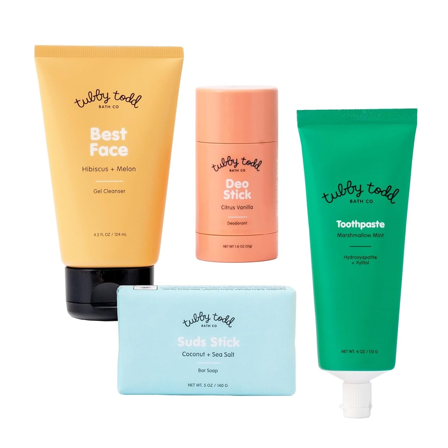 Tubby Todd Kids Sensitive Skincare Routine - The Kickstart Bundle - Gentle Bar Soap, Face Wash, Deodorant, Kids Toothpaste with Hydroxyapetite - Standard Size Scented