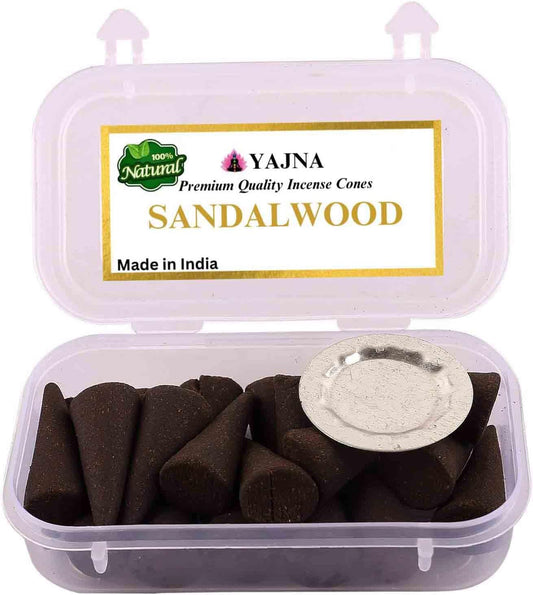 Yajna Sandalwood 100%-Natural-Incense-Cones Handmade-Hand-Dipped Organic-Chemicals-Free for-Purification-Relaxation-Positivity-Yoga-Meditation The-Best-scents (60 Count)