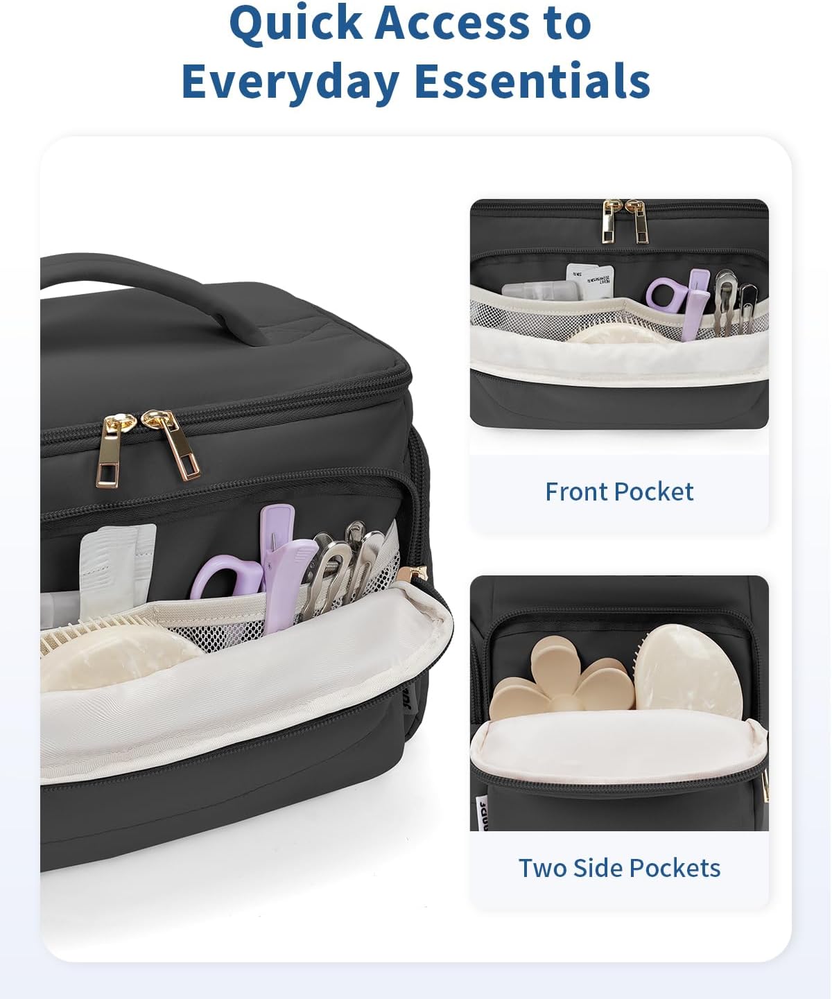 WANDF Travel Toiletry Bag for Women, Wide-open Large Makeup Bag with Handle, Puffy Makeup Organizer for Toiletries, Cosmetics, Accessories, Essentials (Black)